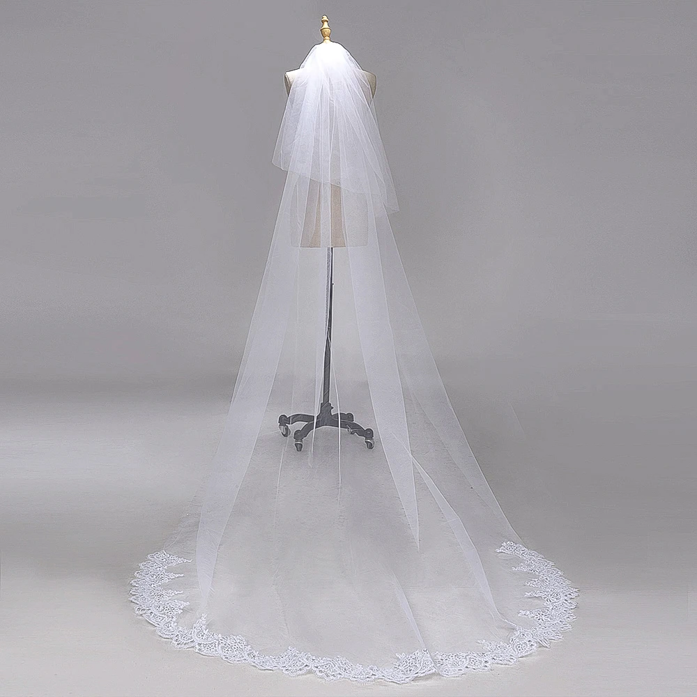 2019 New Lace Edge Long Veil Wedding White Bridal Veils with Sequins 3 Meters Ivory Cathedral Wedding Veil Cheap Voile De Marie 2019 New Lace Edge Long Veil Wedding White Bridal Veils with Sequins 3 Meters Ivory Cathedral Wedding Veil Cheap Voile De Marie
