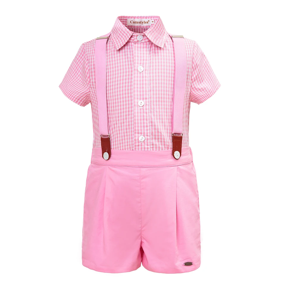 Cutestyles Boys Clothing Sets 2PCS Pink Plaid Shirt+Strap Pants Summer Kids Outfit Children Boys