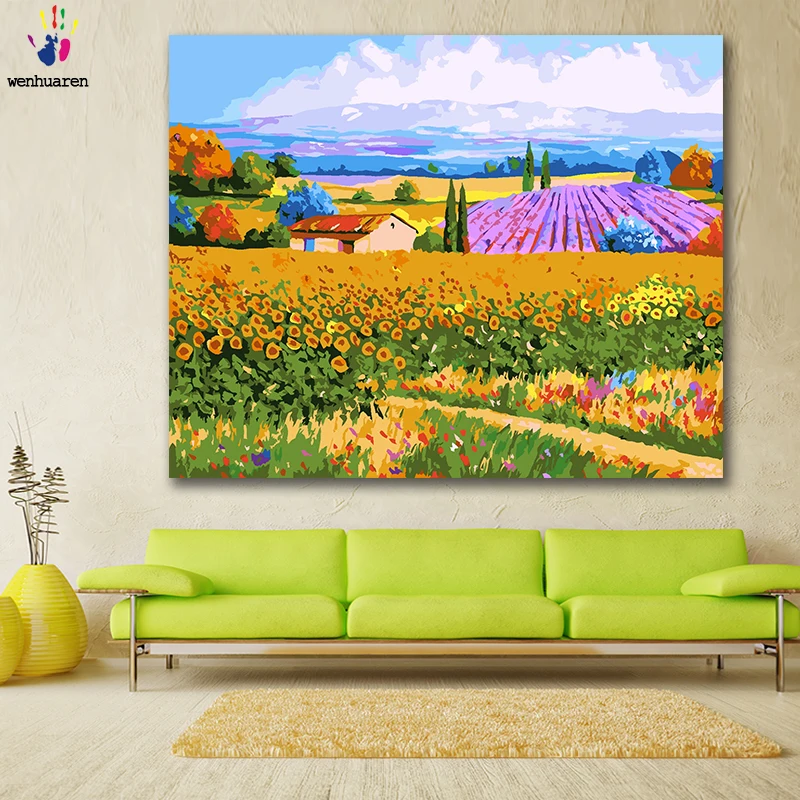 

DIY colorings pictures by numbers with colors Country field Romantic flower sea picture drawing painting by numbers framed Home