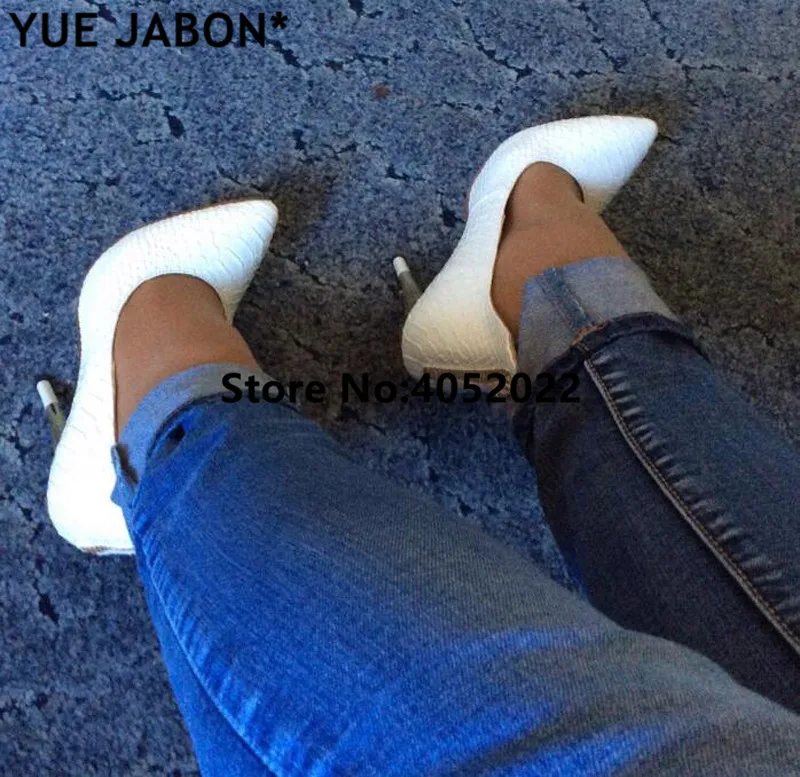 YUE JABON White Embossed Leather Femme Pointed Toe Pumps Gold Zipper Women High Heels Shoes Wedding Shoes Dress Shoes