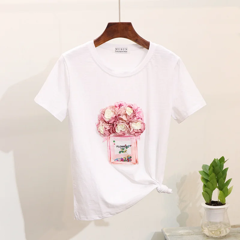 

2019 Summer New Hot Sale Short Sleeve Heavy 3D Flower Sequins Perfume Vase Design Small Fresh Creative Casual Women T-Shirt