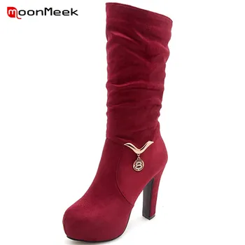 

MoonMeek new arrive 2020 large size shoes flock woman boots super high heels mid calf boots ladies autumn winter platform boots