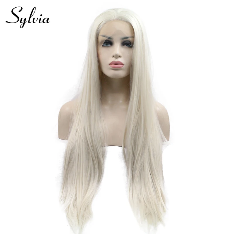 Sylvia платины блондинка шелковистые прямые синтетические волосы на кружеве парик 180% Плотность термостойкие волокно Бесплатная доставк