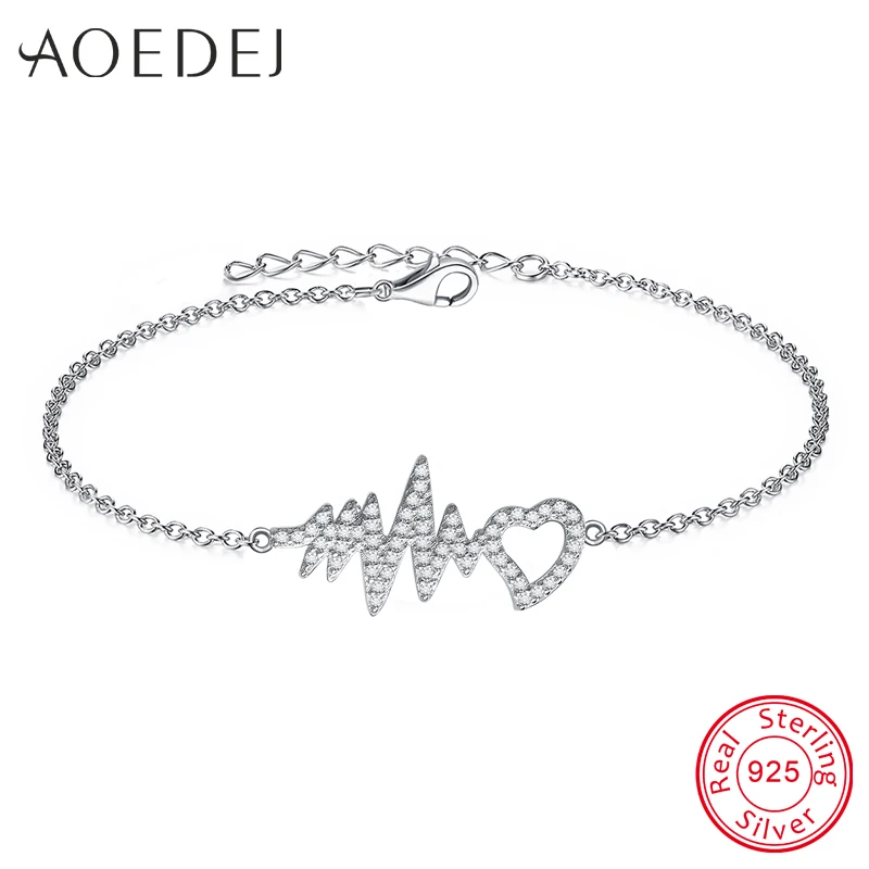 

AOEDEJ Heartbeat ECG 925 Sterling Silver Bracelet Jewelry for Women Female Girls Crystal Nurses Link Chain Charm Heart Bracelet