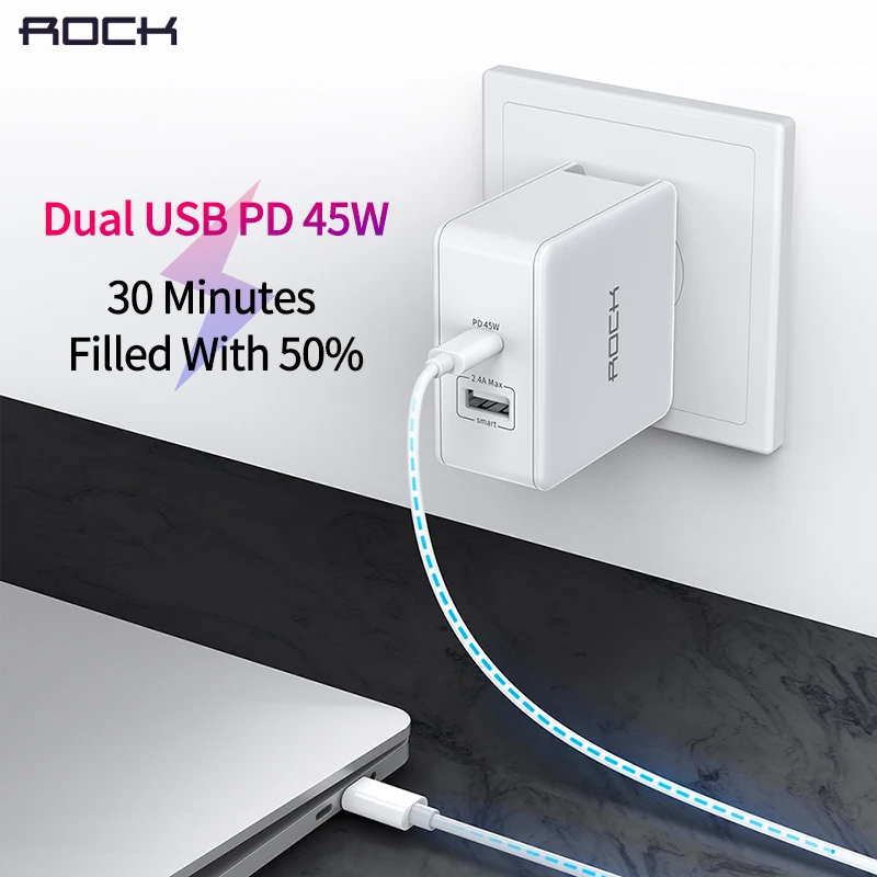 ROCK PD 45 Вт Dual USB зарядное устройство 2.4A Быстрая зарядка Путешествия США штекер iPhone 8X7 6 iPad Smart USB настенное зарядное устройство для samsung Xiaomi