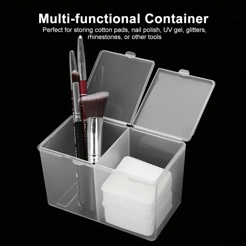 

2-Compartments Clear Remover Cotton Pad Swab Container UV Gel Polish Glitter Powder Storage Box Makeup Nail Art Tool Organizer