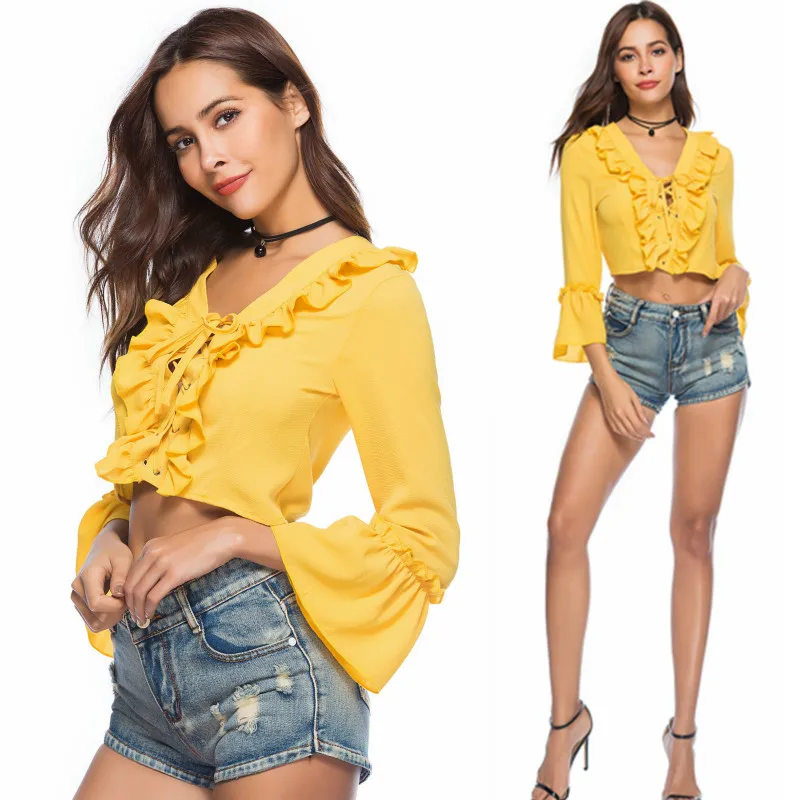 

HXJJP V Neck Strap Boho Mesh Blouse Shirt Women Ruffle Flare Sleeve Elegant Peplum Tops Summer Lace Up Ladies Sexy Blusas 2019