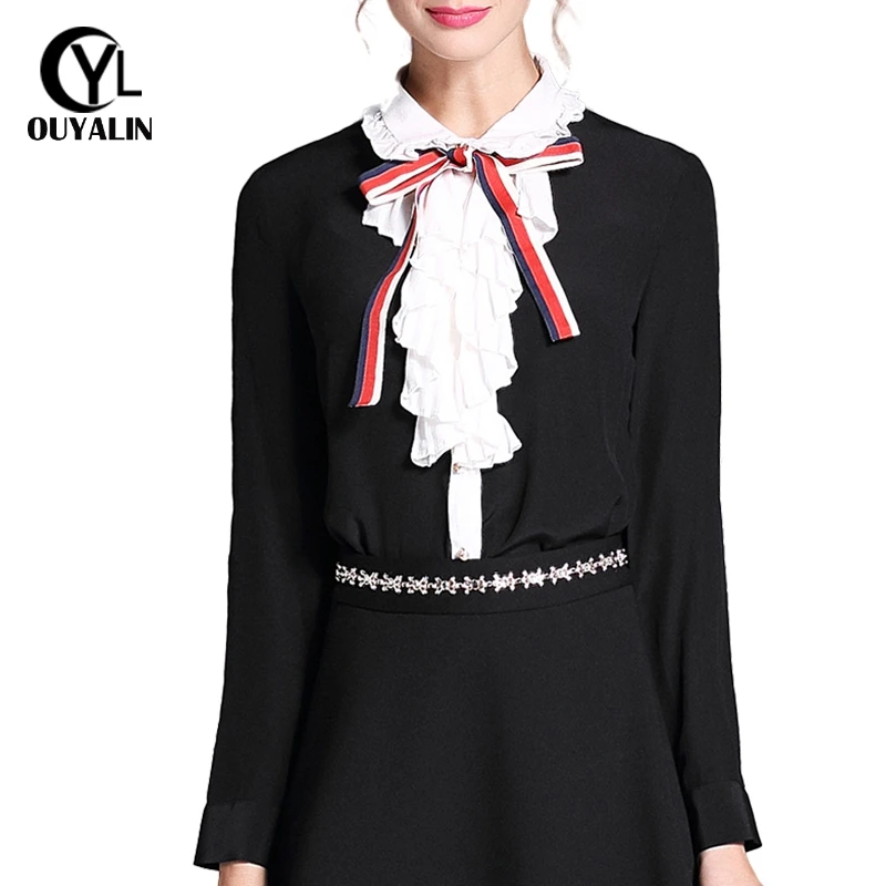 S- 5XL Women Layer Ruffles Blouse 2017 Pearl Buttons Spring Ladies Tops Black White Contrast Bow Shirts Long Sleeve Boutique 3851