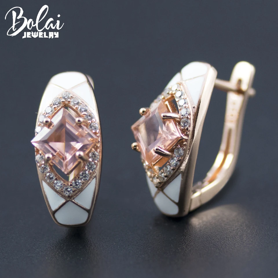 

Bolai real 925 sterling silver created pink morganite stud earrings rose gold color gemstone fine jewelry for women wedding gift