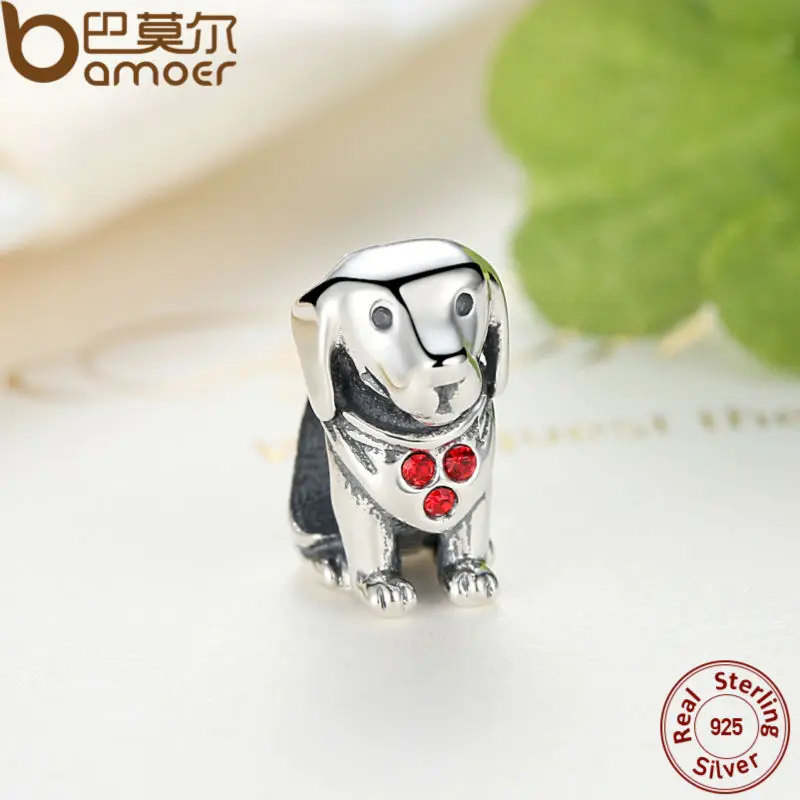 BAMOER 925 Sterling Silver Dog Animal Beads Charms With Red Created Stone for DIY Bracelet Jewelry Making Baby Gift SCC016