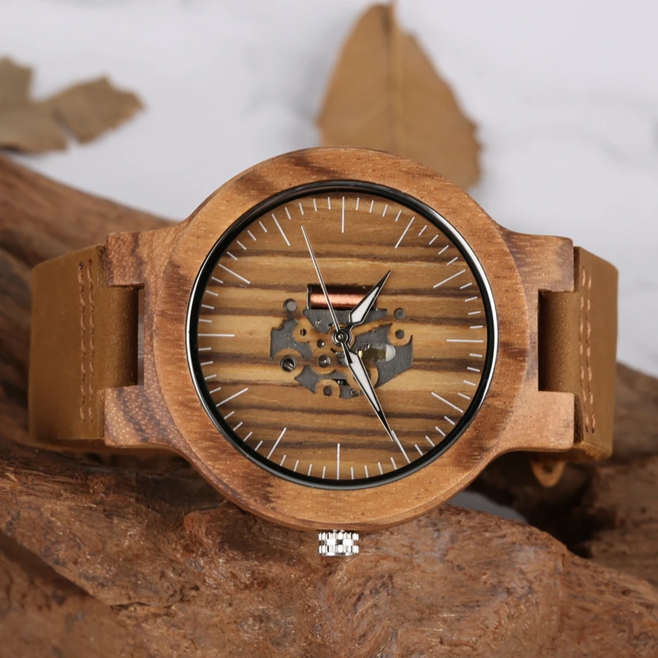 Wooden Watch Mens Watches Retro Zebra Stripe Round Analog Quartz Skeleton Dial Casual Cuff Sport Skeleton Clock Male Hours Gift 2020 2019 2021 (3)