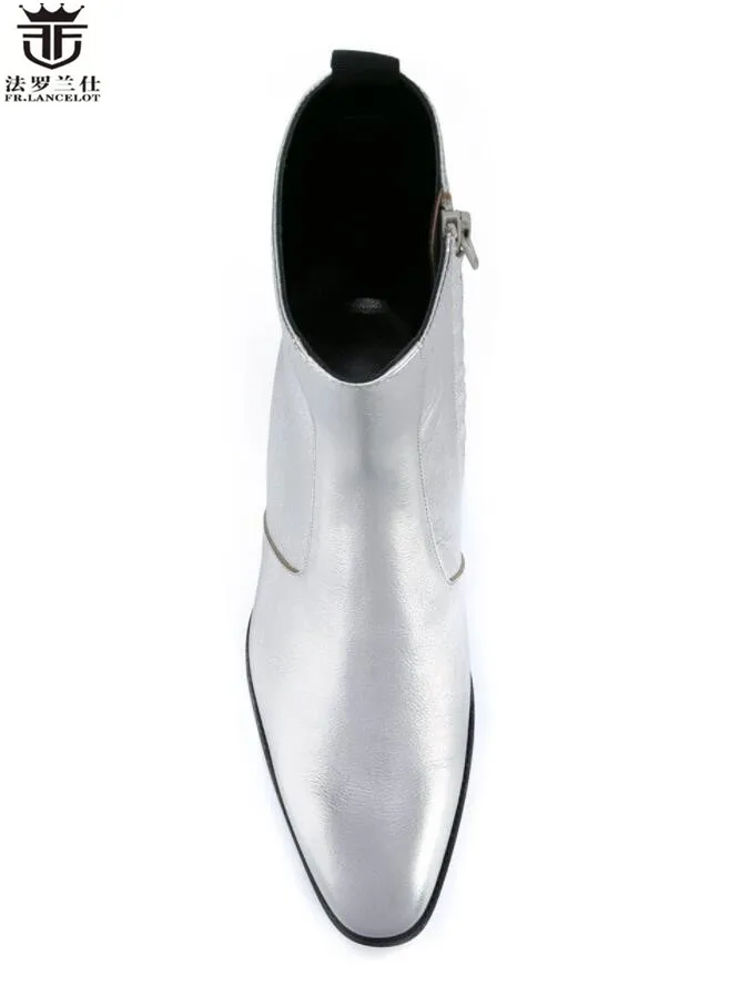 FR. LANCELOT/; дизайн; серебристые кожаные ботинки с острым носком; мужские ботинки «Челси» из коровьей кожи; модные брендовые Мужские ботинки в британском стиле