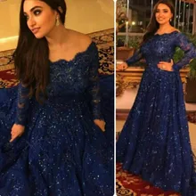 Sparkly Vintage Plus Größe Abendkleider 2016 Langen Ärmeln Perlen Kristalle Ruffled Arabisch Marineblau Spitze Formales Abschlussball-kleider