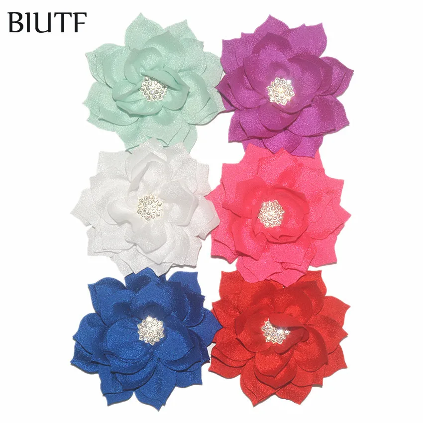 

100pcs/lot 3.2'' Fabric Double-Layer Lotus Flower with Rhinestone Button Headband Wedding Decorative Flower TH288