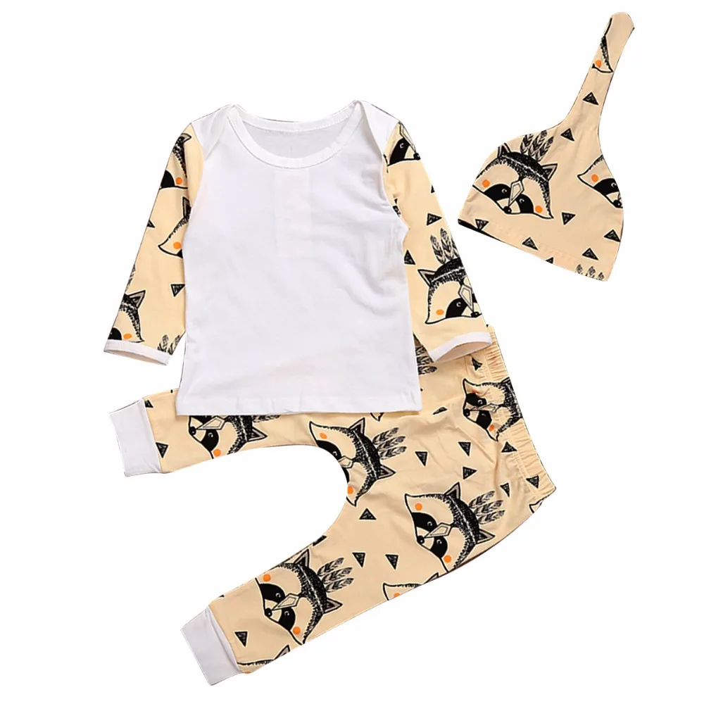 

Puseky 3Pcs 2017 Spring Autumn Cute Infant Clothing Sets Baby Girl Boys Raccoon Print Long Sleeve T Shirt+ Pants+Hat Baby Cloth
