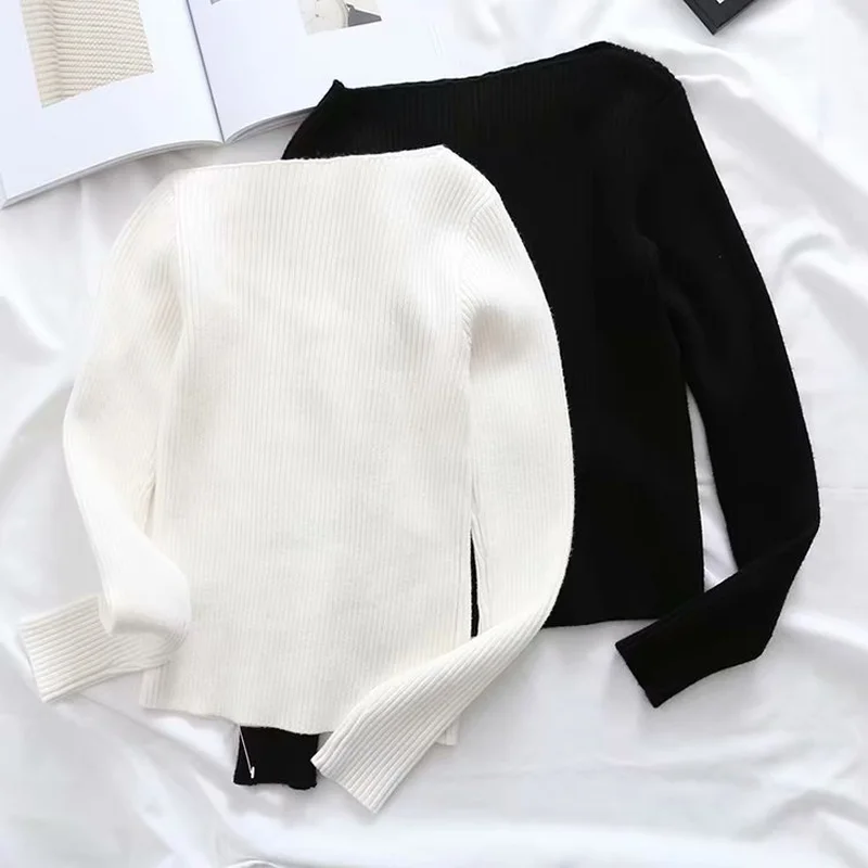 

Korean Style Black White Knitted Ribbed Sweater Autumn Winter Femme Pull Slim High Elasticity Soft Sweaters Women Pullovers