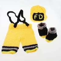 New Character Unisex Cotton Baby Newborn Photography Props Costume Hand Crochet Knit Infant Fireman Hat pants and shoes set 4