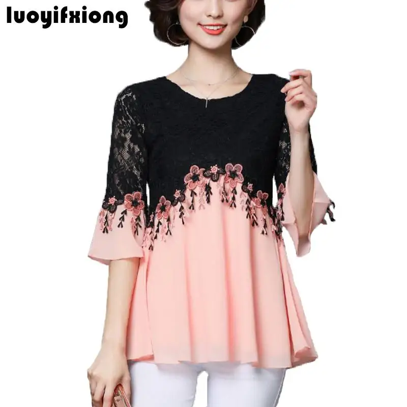 

Luoyifxiong Plus Size L-5XL Womens Tops and Blouses Sweet Lace Flower Embroidery Chiffon Blouse Casual Shirt Women Chemise Femme
