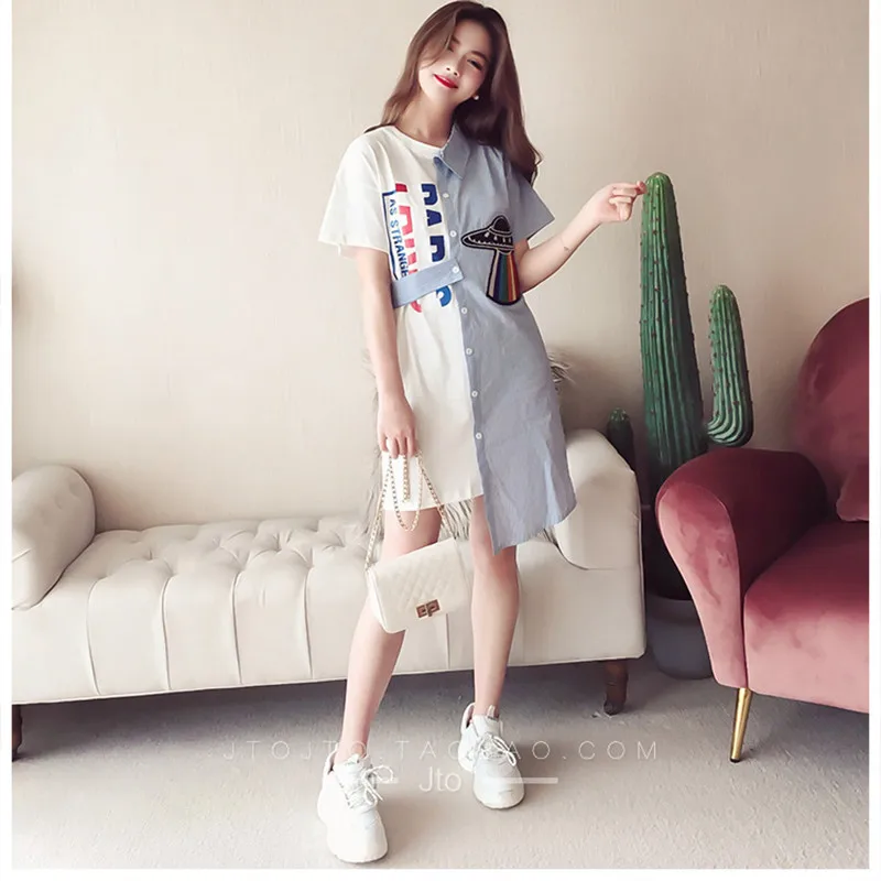 

2019 Spring and Summer Women Irregular Striped Shirt Dress Womens Personality stitching trend Short Sleeve Mini Dress Vestidos