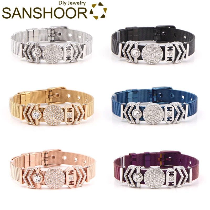 

SANSHOOR 10mm Wide Keeper Bracelet Set With Pave Disc Chevron Bezel Solitaire MOM Slide Charms Rubber Stopper As Women Gift 1Set