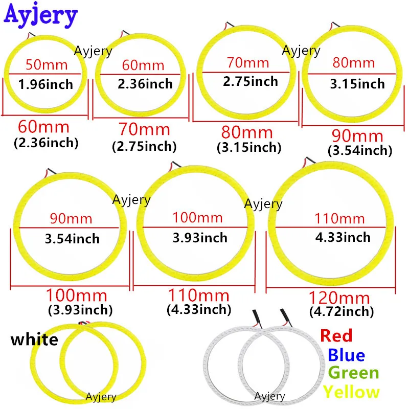 AYJERY 1 пара Автомобиль гало кольца COB 60 мм 70 мм 80 мм 90 мм 100 мм 110 мм 120 мм 12 V/24 V DC белый красные, синие желтый автомобиль, дневной свет светильник Ангельские глазки