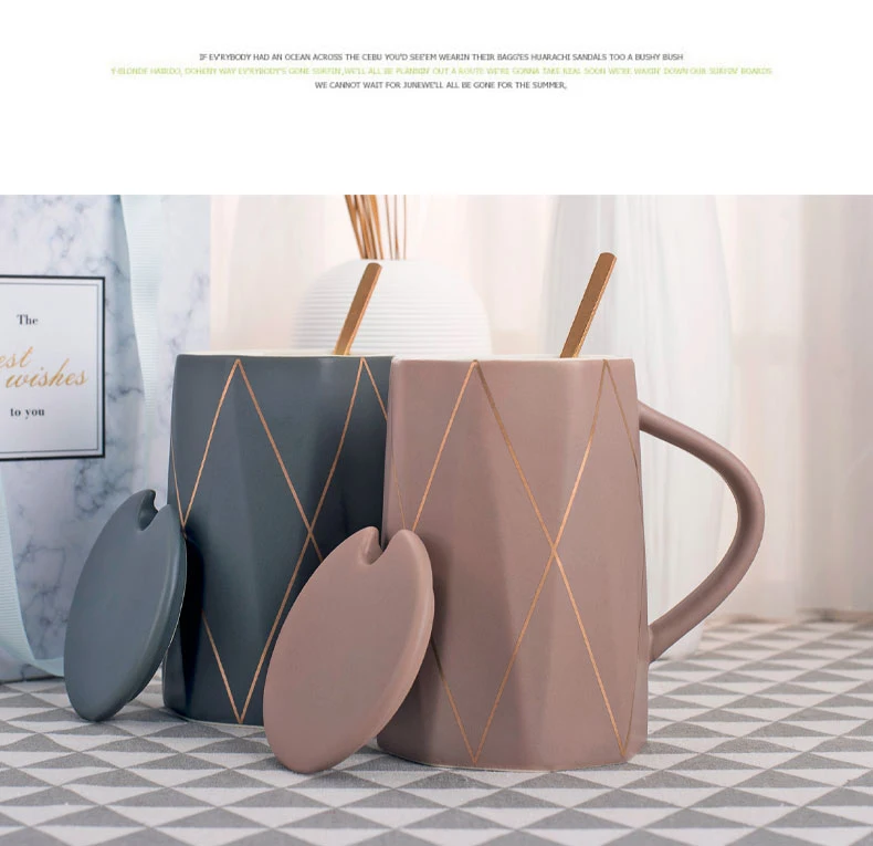 Скандинавская керамическая кружка креативная Геометрическая кофейная чашка для завтрака молочная чашка с крышкой Ложка лучший подарок на день рождения