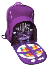 2 Person Camping Purple Sport Tartan Picnic Bag Backpack With Cooler Compartment, Detachable Bottle/Wine Holder Tableware Plates