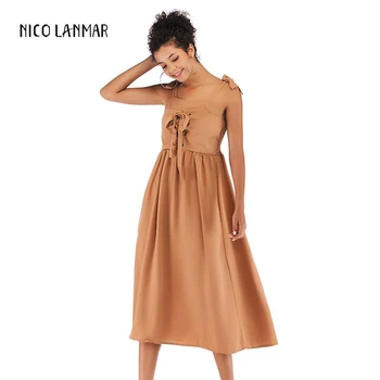 

Sling Solid Color Chiffon Dress Women Summer Backless Sleeveless Lace-up Bow Dresses Evening Party Ladies Dress/kleider damen