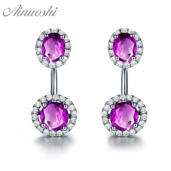 

AINUOSHI Natural Amethyst Push Back Earrings 3ct Oval Cut Gemstone Engagement Party Women Jewelry 925 Silver Round Halo Earrings