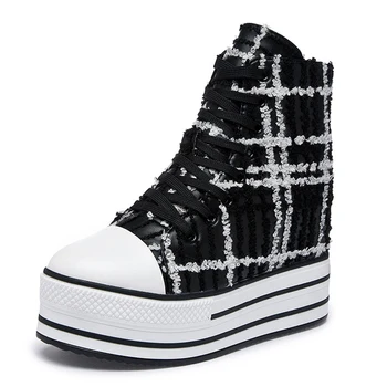 

2019 New Vintage Women Boots Ankle Mujer Gingham Thick Bottom High Top Bootie Gothic Fashion Lace Up Hidden Wedge Boots Muffin