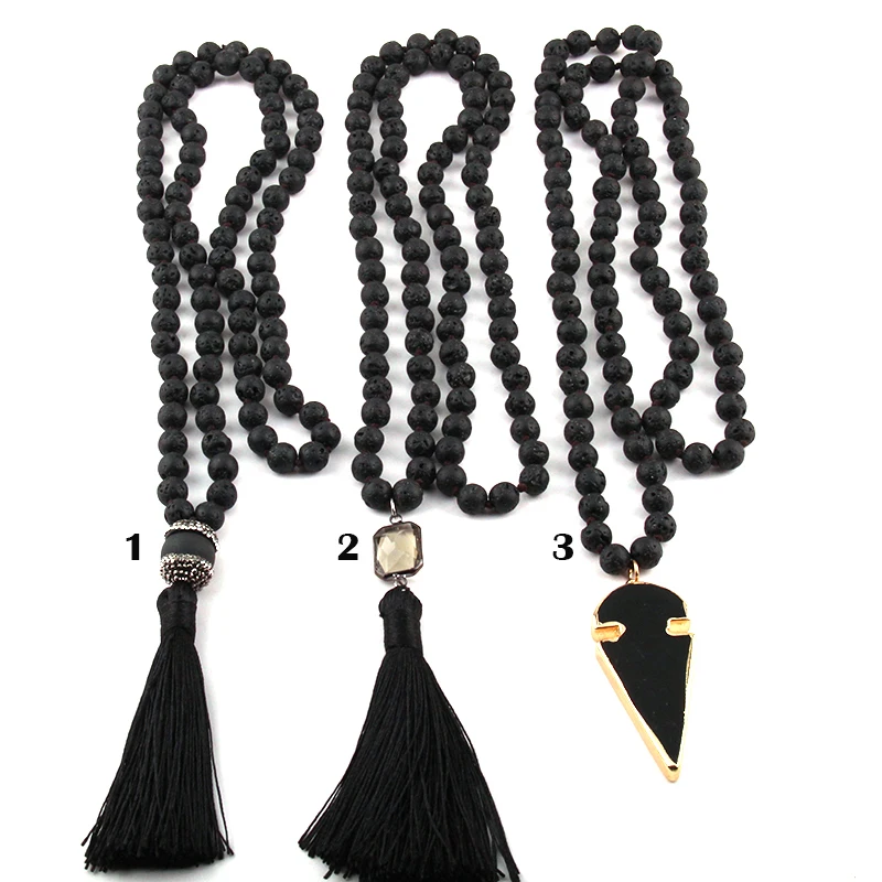 

Free Shipping Bohemian Jewelry long knotted Black Lava Stones Tassel Necklace For Women Statement Necklaces