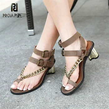 

Prova Perfetto Chain Decor Women Summer Gladiator Sandals Chunky High Heels Straps Women Pumps Stiletto Dress Shoes Woman