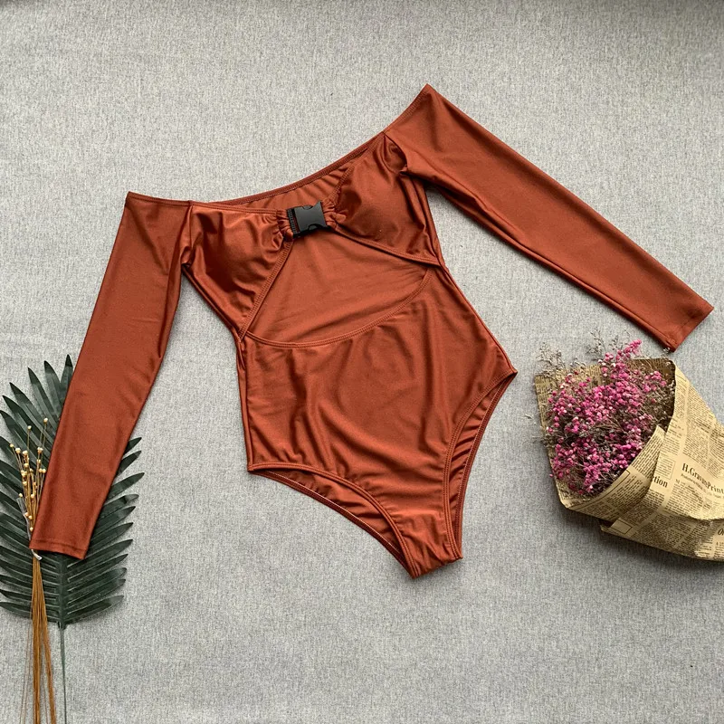 

MUXILOVE 2019 New One-piece Swimsuit Solid Color Buckle Bikini Female Off-shoulder Long Sleeved Beach Bikini Bathing Suit Swim