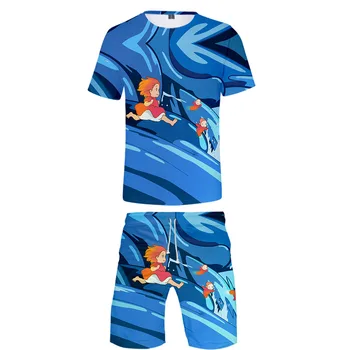 

Casual 3D two-piece sets Print Ponyo On The Cliff T-shirt+Beach shorts Hip Hop Summer Fashion 3D boys/girls two-piece clothing