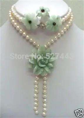 

Wholesale JWEW6559 Charming white Natural pearl & green jade necklace earrings ring 8# (A0513)