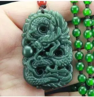 

Beautiful Handwork Natural Dark Green HeTian Jade Carved Dragon Lucky Amulet Pendant + Free Necklace Certificate Fine Jewelry