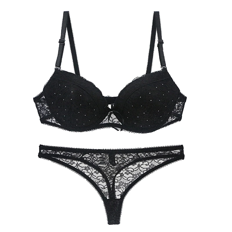 Women underwear set Transparent bra and briefs Black lace