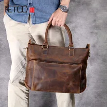 AETOO Retro head cowhide briefcase, mad horse leather handbag, leather casual shoulder crossbody bag