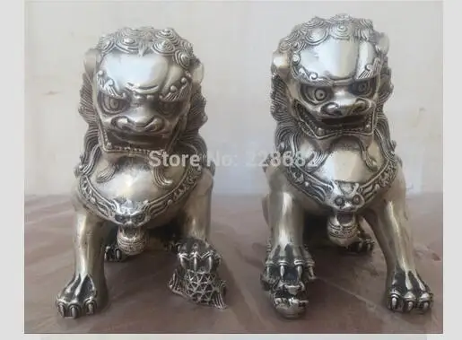 

1 Pair Chinese FengShui Tibet Lion /Foo Fu Dog Statue High:15CM /item Crafts Tibetan Silver decoration bronze factory outlets