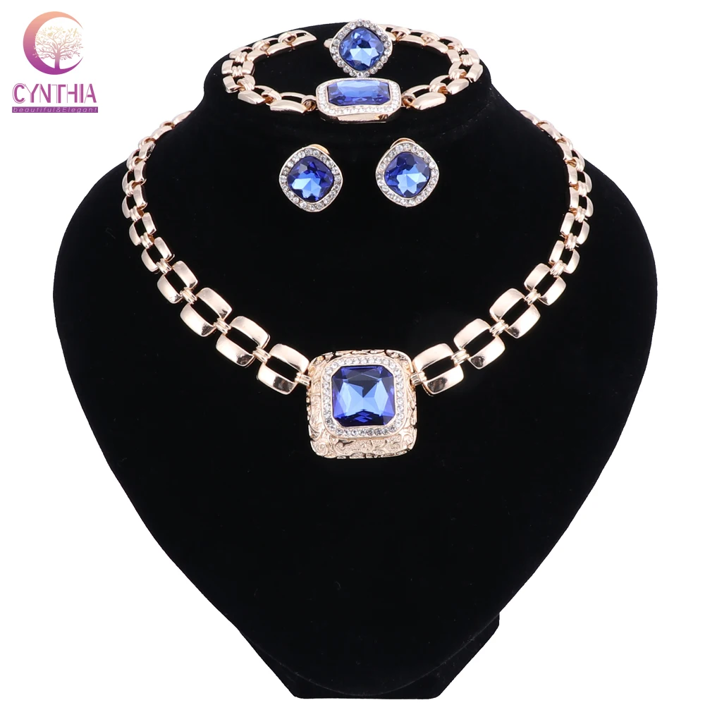 

Women Fashion Crystal Wedding Jewelry Sets For Bride Party Costume Accessories Bridal Necklace Earring Bracelet Ring Sets