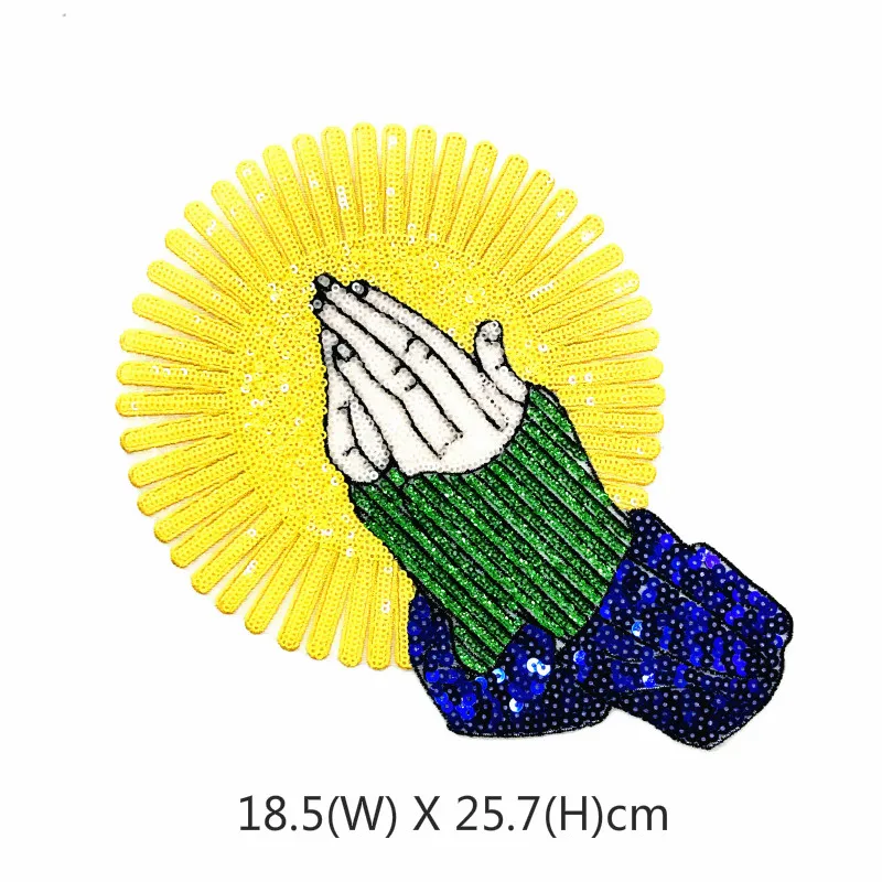 Молятся руки глажка на большой нашивка с блестками для одежды DIY сшить блестками аппликации Милая Женщина наклейка на одежду Хиппи Патч