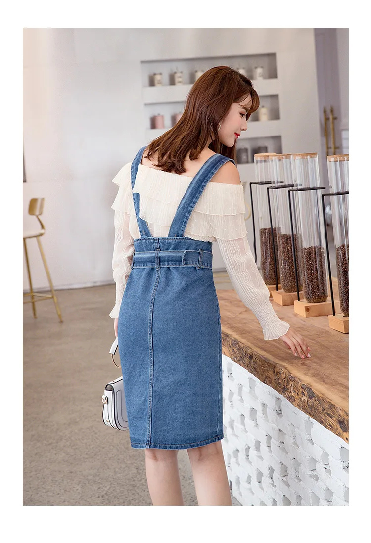 Women'S Skirt High Waist Suspender Denim Skirts With Sashes Spring Summer Elastic Student Jumper Overall Skirts Female