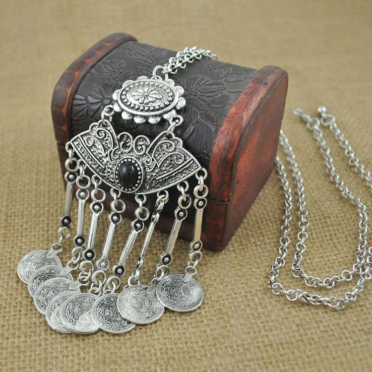 

SHUANGR Collier Femme Thai Silver Color Coins Bohemian Tassel Pendant Colar Statement Necklaces vintage jewelry for women bijoux