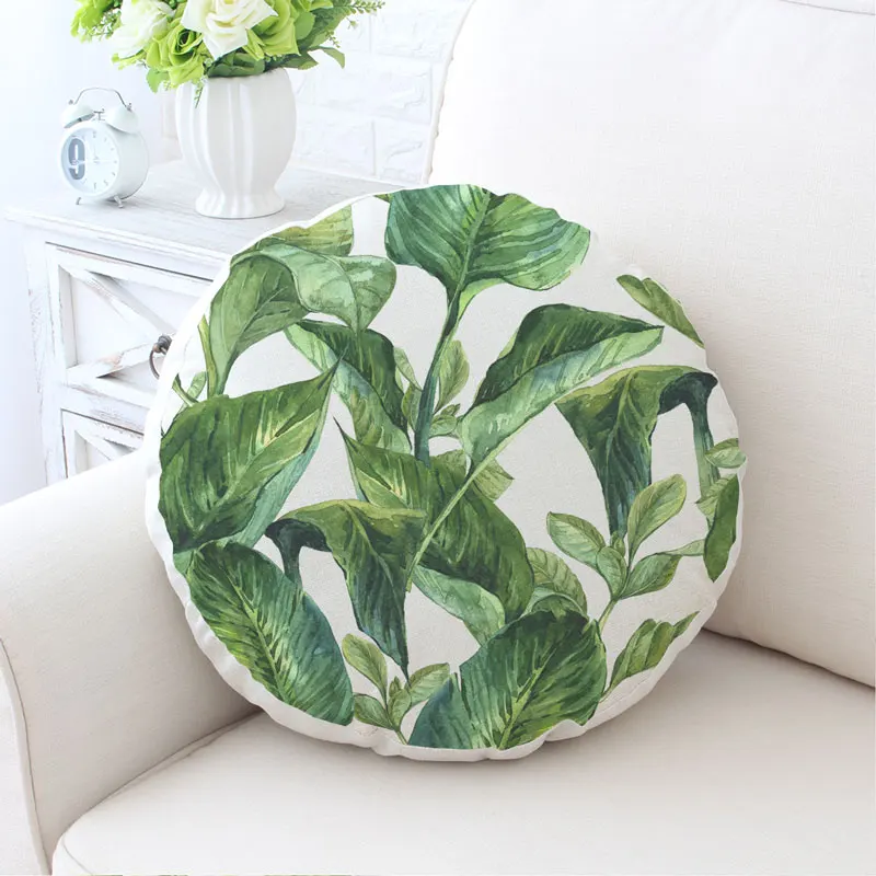 Pastoral green leaves round shaped cotton linen sofa cushion 55cm