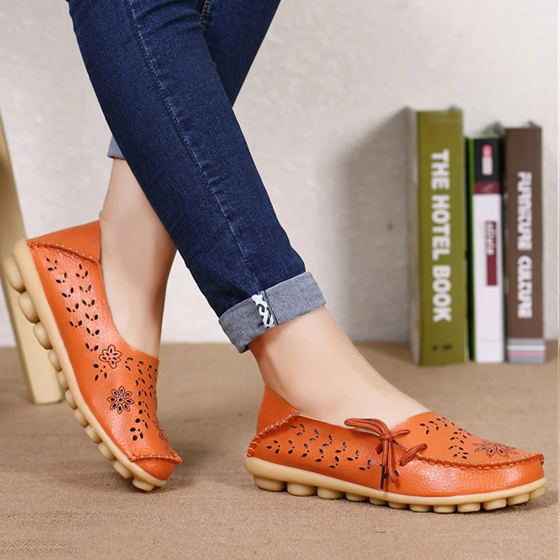 Flats Women Genuine Leather Shoes Woman Autumn Flat Shoes Women Loafers Slip On Moccasins Sapatos Feminino Casual Shoes - Color: Orange