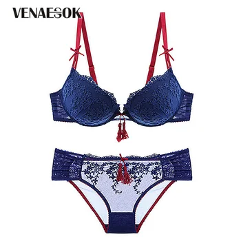 

2019 New Blue Sexy Underwear Lace Bra Set 3/4 Cup Luxury Push-up Bras Women Lingerie Set Cotton Thick Brassiere Blue Embroider