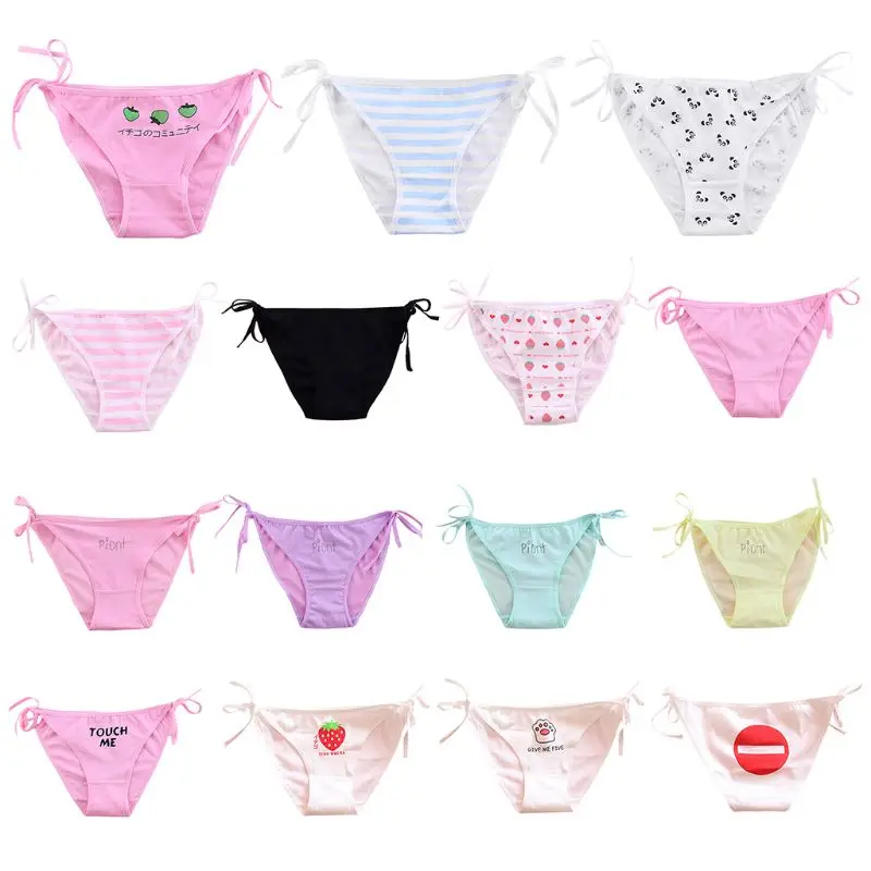 

Womens Sexy Side Tie High Cut Underwear Cartoon Fruit Funny Words Printed Lingerie Panties Candy Color Low Rise Cotton Bikini Th