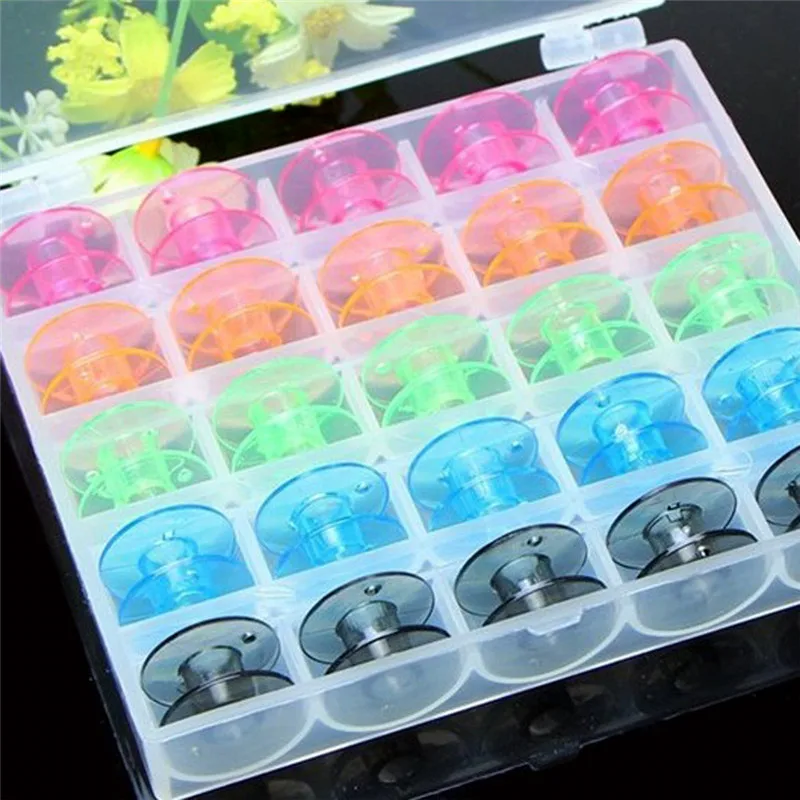 

25 Grid Clear Storage Case Box With 25Pcs Empty Colorful Sewing Box Bobbins Spool for Brother Janome Singer Elna Sewing Machine