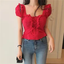 Women Korean Lace Up Casual Shirts Hollow Out Ruffles Embroidery Blouses Female Patchwork Square Neck Sexy Shirts