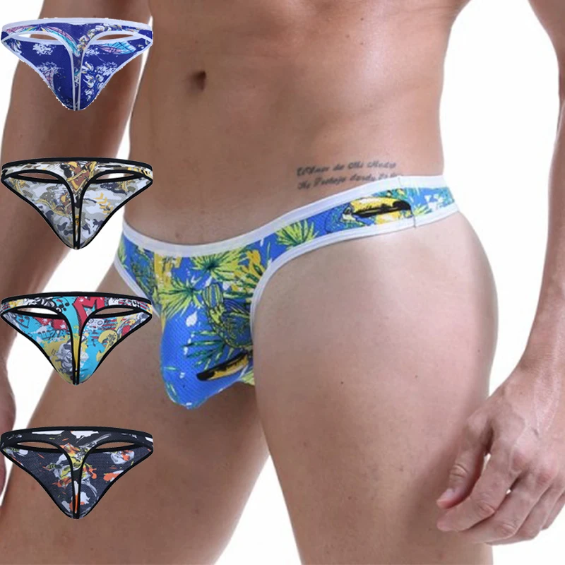 

Printed Seamless Gay Men Sexy Thongs Low-rise Ice Silk Ultra Thin Men U Convex Pouch T-Back Comfortable Breathable Underwear